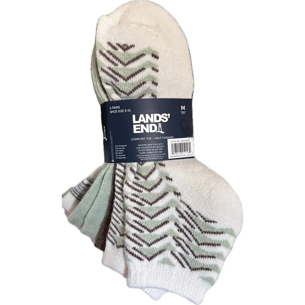Lands' End Women's Wool Blend Quarter Socks 4 Pairs Green Brown Shoe Size M 5-10